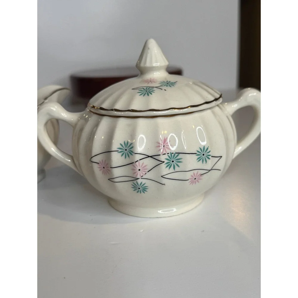 Vintage Atomic Starburst Creamer Sugar Set MCM Pink Blue‎ Floral Gold Trim